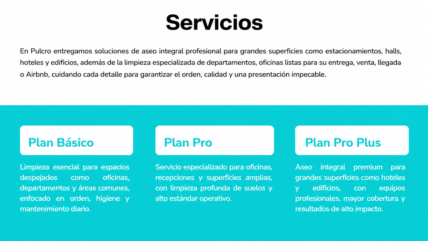Servicios de limpieza integral: planes Básico, Pro y Pro Plus para oficinas y grandes superficies
