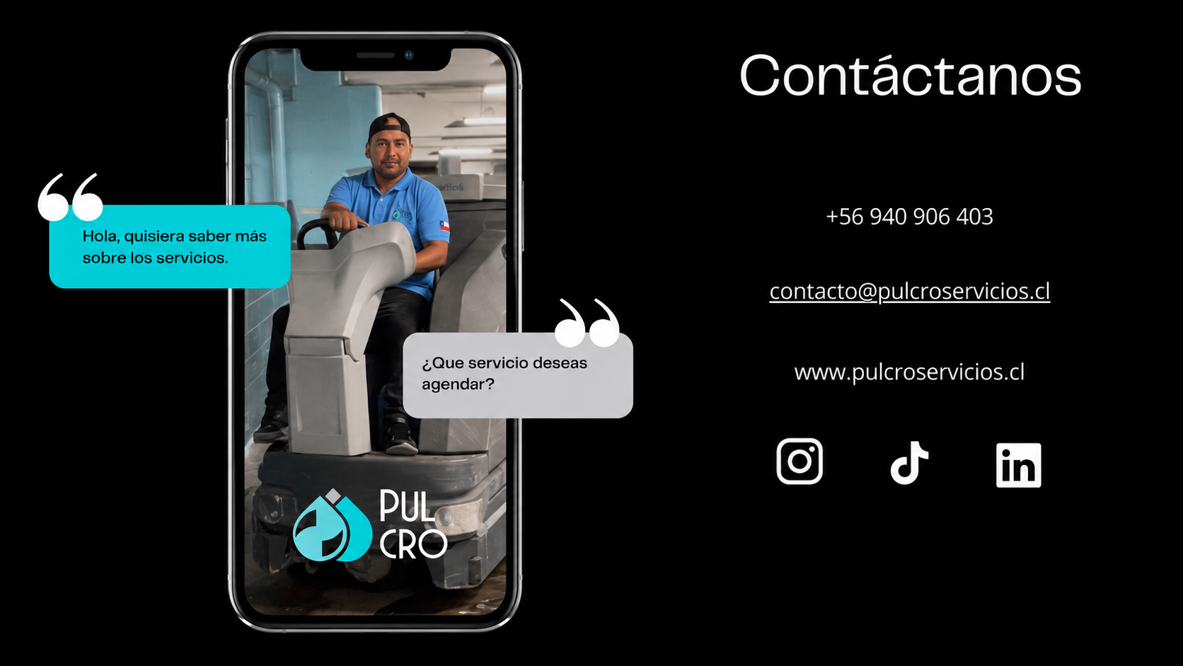 Contacto Pulcro Servicios: correo contacto@pulcroservicios.cl y WhatsApp