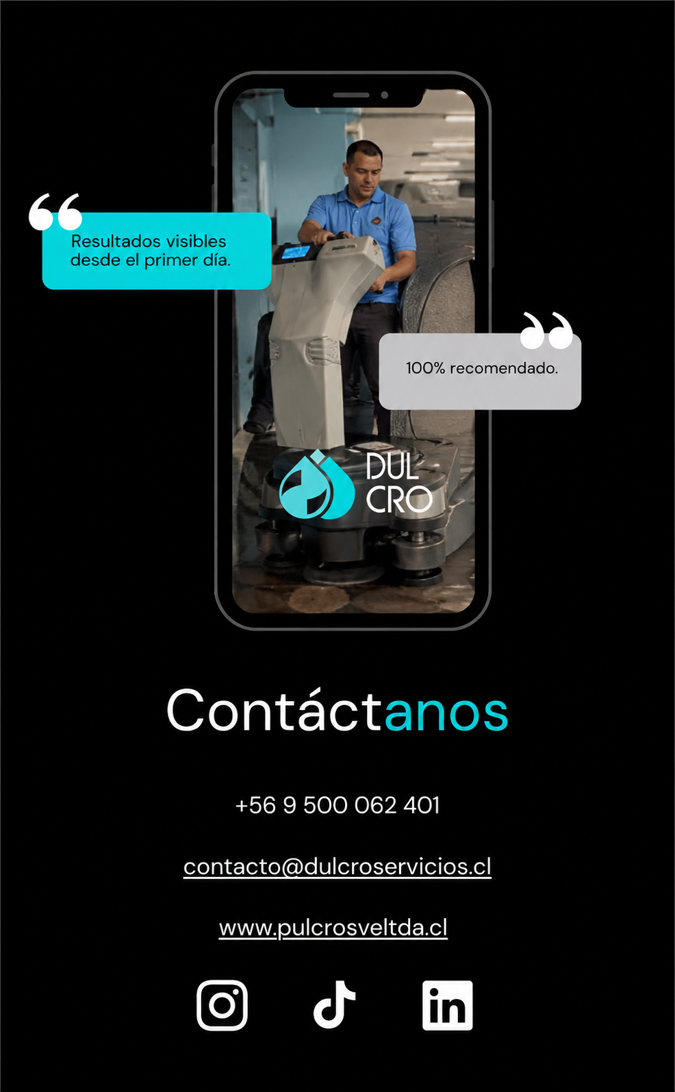 Contacto Pulcro Servicios: correo contacto@pulcroservicios.cl y WhatsApp